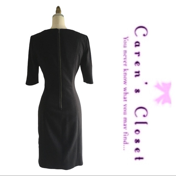 Tahari Black & Blue Modern Print Stretch knit Sheath Dress w/ Black Side Panels - Picture 5 of 6